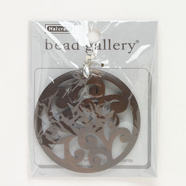Pendant, silver-finished "pewter" (zinc-based alloy) and wood (dyed), dark brown, 60mm carved round with cutout swirls. Sold individually. image number 0
