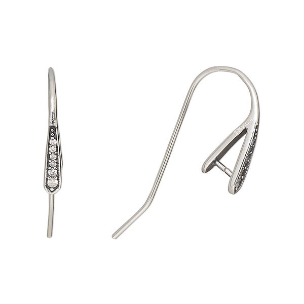 Ear wire, rhodium-plated sterling silver and cubic zirconia, clear, 15mm fishhook with ice-pick bail, 5mm grip length, 20 gauge. Sold per pair. image number 0