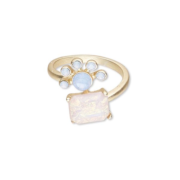 Ring, acrylic rhinestone / glass rhinestone / gold-finished "pewter" (zinc-based alloy), light blue and pink, 20mm wide with square, size 7. Sold individually. image number 0