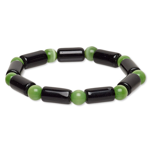 Bracelet, stretch, glass and cat's eye glass, opaque green and black, 7-8mm round and 14x7mm-15x8mm round tube, 7 inches. Sold individually. image number 0