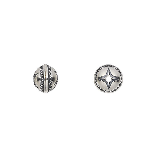 Bead, antiqued sterling silver, 8mm bench-made round with star. Sold individually. image number 0