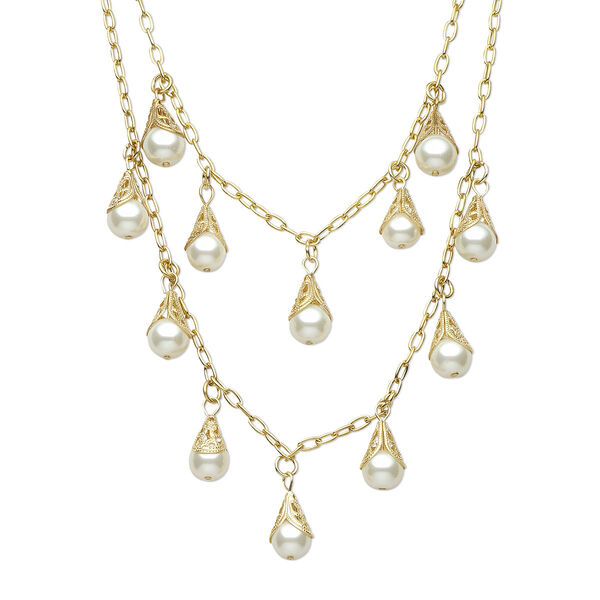 Necklace, acrylic with gold-finished steel and pewter (tin-based alloy), white, 10mm round, 18 inches with 3-inch extender chain and lobster claw clasp. Sold individually. image number 0