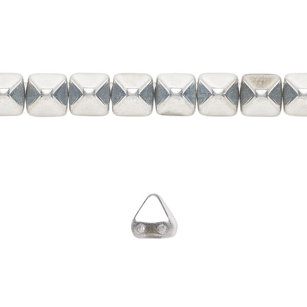 Spacer, Preciosa, Czech pressed glass, opaque silver, 6x6x7mm 2-strand pyramid, fits up to 3mm bead. Sold per 8-inch strand, approximately 30 spacers. image number 0