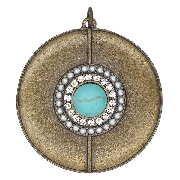 Focal, antique brass-finished "pewter" (zinc-based alloy), "turquoise" (imitation) resin and glass, turquoise blue and clear, 44mm single-sided round. Sold individually. image number 0