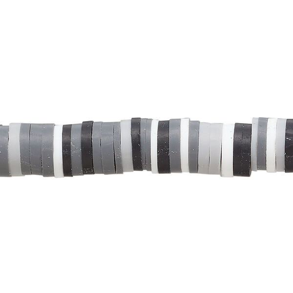 Bead, polymer clay, opaque black, grey and white, 8x2mm heishi. Sold per pkg of (2) 16-inch strands. image number 0