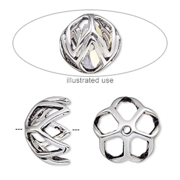 Bead cage, antique silver-plated "pewter" (zinc-based alloy), 17mm round with diamond cutout design, fits up to 13mm bead. Sold per 2-piece set. image number 0