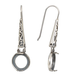 Earring fishhook 1pkg2 sterling silver, 39mm / fancy dot design / 10mm round 2-prong open back cab setting, 20 gauge antiqued 1 pair