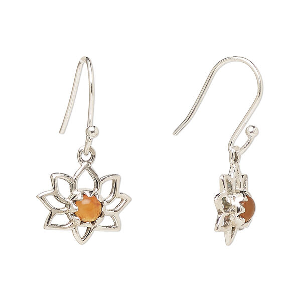 Ear wire, Create Compliments®, antiqued sterling silver and carnelian (dyed/heated), fishhook, 26mm with 14.5x12mm single-sided open lotus, 21 gauge. Sold per pair. image number 0