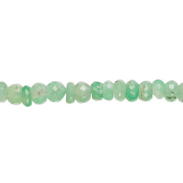 Bead, chrysoprase (natural), light to medium, 5x2mm-5x4mm hand-cut faceted rondelle with 0.4-1.4mm hole, B- grade, Mohs hardness 6-1/2 to 7. Sold per 8-inch strand, approximately 60 beads. image number 0