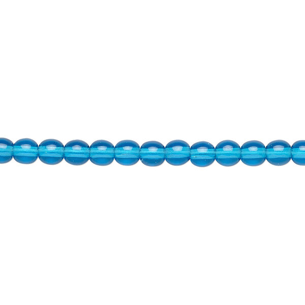 Bead, Czech glass druk, transparent dark aqua blue, 4mm round. Sold per 15-1/2" to 16" strand. image number 0