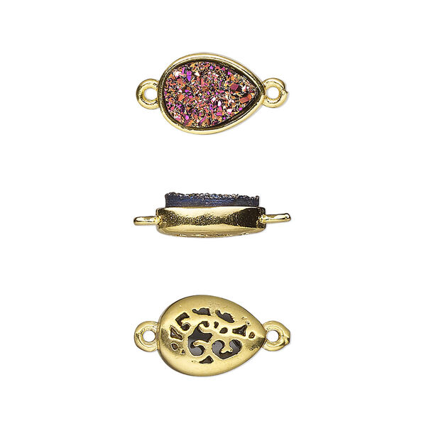 Link, Druzylite™, "druzy" (resin) and gold-finished brass, metallic purple, 11.5x8.5mm two-sided teardrop with open filigree back. Sold per pkg of 4. image number 0
