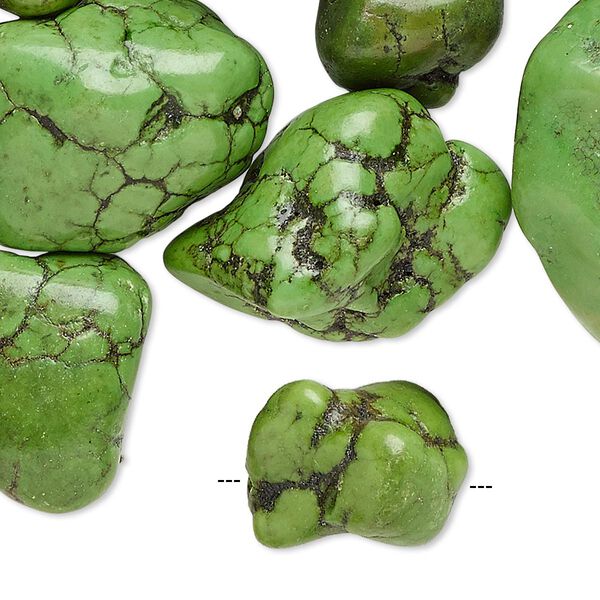 Bead mix, magnesite (dyed / stabilized), apple green, small to extra-large nugget, Mohs hardness 3-1/2 to 4. Sold per 1/2 pound pkg, approximately 30 beads. image number 0
