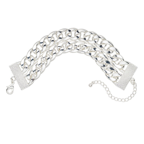 Bracelet, 2-strand, silver-plated steel and "pewter" (zinc-based alloy), 30.5mm wide, 7 inches with 3-inch extender chain and lobster claw clasp. Sold individually. image number 0