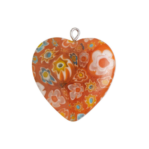 Component 1pkg1, silver-finished steel / millefiori glass, translucent red / orange / multicolored, 24-25mm puffed heart. image number 0