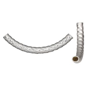 Bead, sterling silver, 30x2.5mm diamond-cut curved tube. Sold individually.