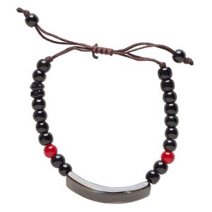 Black agate / glass / waxed cotton 1pkg1, curved rectangle bracelet adjustable 5-7.5 inch 10mm