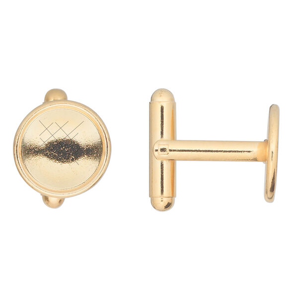 Cuff link 1pkg2 gold-finished brass, 12mm round bezel setting. 1 pair. image number 1