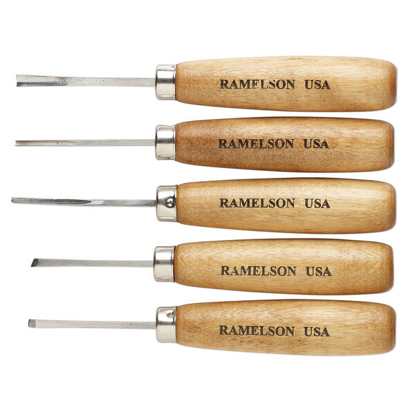 Micro carving tools, Ramelson USA®, carbon steel and wood, brown, 5 to 5-1/4 inches. Sold per 5-piece set. image number 0