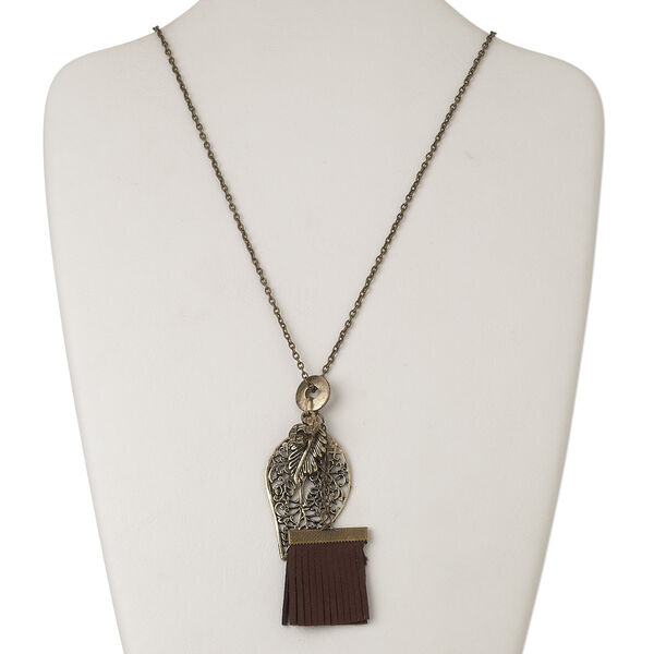 Necklace, suede / antique brass-finished "pewter" (zinc-based alloy) / steel, brown, 20x35mm-50x32mm filigree leaf, 32 inches with lobster claw clasp. Sold individually. image number 0