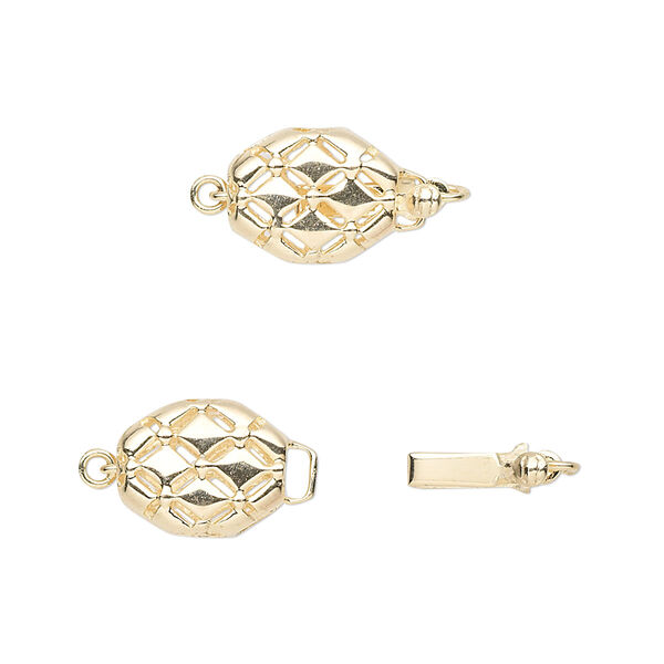 Clasp, tab with safety, 14Kt gold, 12x9mm double-sided oval with diamond pattern. Sold individually. image number 0