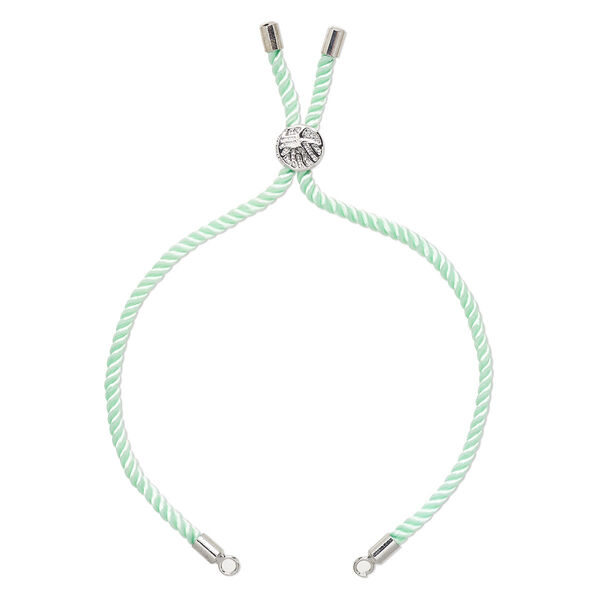 Bracelet component, nylon and imitation rhodium-finished "pewter" (zinc-based alloy), mint green, 3mm wide, 8-3/4 inches with 9mm flat round adjustable slider bead with tree of life design and 2 open loops. Sold individually. image number 0