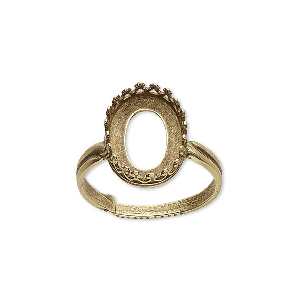 Ring, JBB Findings, antiqued brass, 15.5x12mm oval with 14x10mm oval bezel setting, adjustable from size 6-8. Sold individually. image number 0