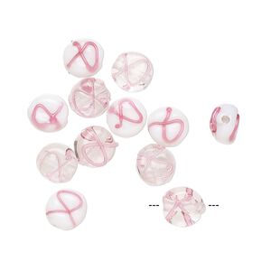 Bead, lampworked glass, transparent clear / opaque white / pink, 7mm double-sided flat round with awareness ribbon. Sold per pkg of 12.