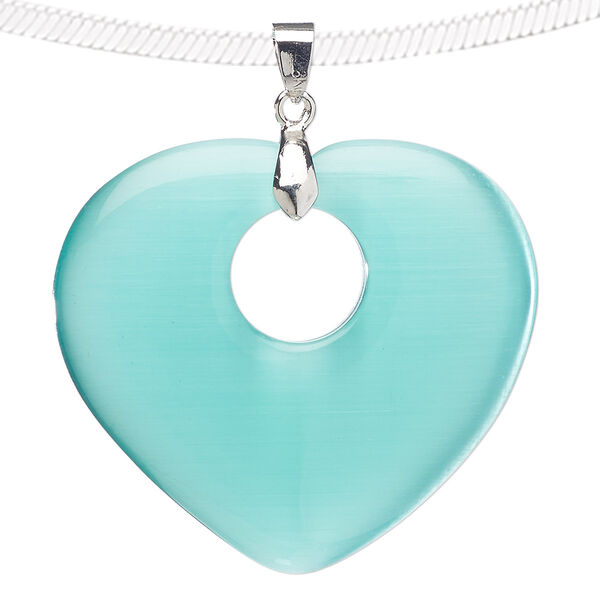 Pendant, cat's eye glass (fiber optic glass) and silver-finished "pewter" (zinc-based alloy), teal, 44x40mm-45x41mm heart with cutout circle. Sold individually. image number 0
