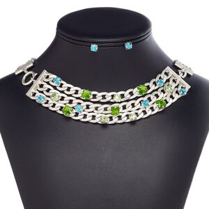 Necklace and earring set, 5-strand, glass / stainless steel / silver-plated steel / "pewter" (zinc-based alloy), matte / blue / green, 18-inch necklace with springring clasp, 6x6mm faceted square with post. Sold per set.