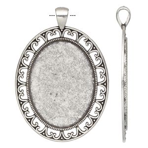 Pendant, antique silver-finished "pewter" (zinc-based alloy), 61x42mm single-sided oval with cutout "V" design and 40x30mm non-calibrated oval setting. Sold individually.