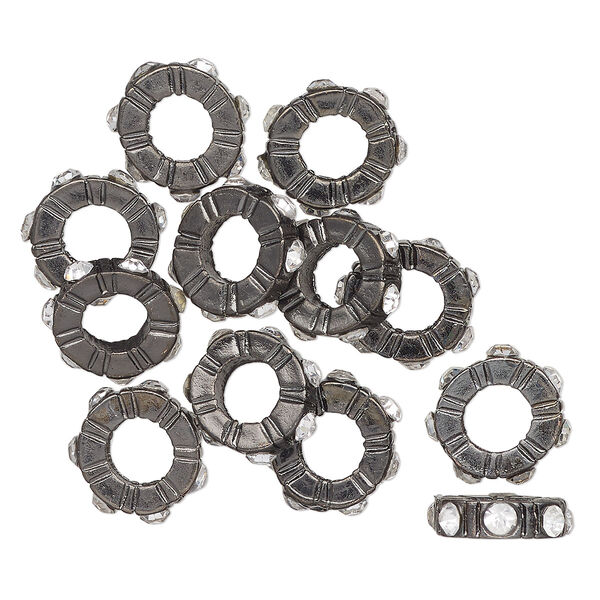 Bead, gunmetal-finished "pewter" (zinc-based alloy), clear, 12x4mm rondelle, 5.5mm inner diameter. Sold per pkg of 12. image number 0