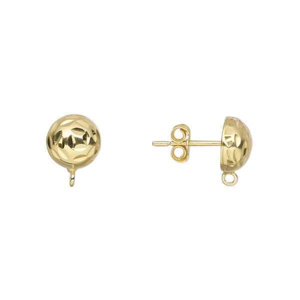 Earstud, gold-finished sterling silver, 8mm diamond-cut half-ball with loop. Sold per pair. image number 0