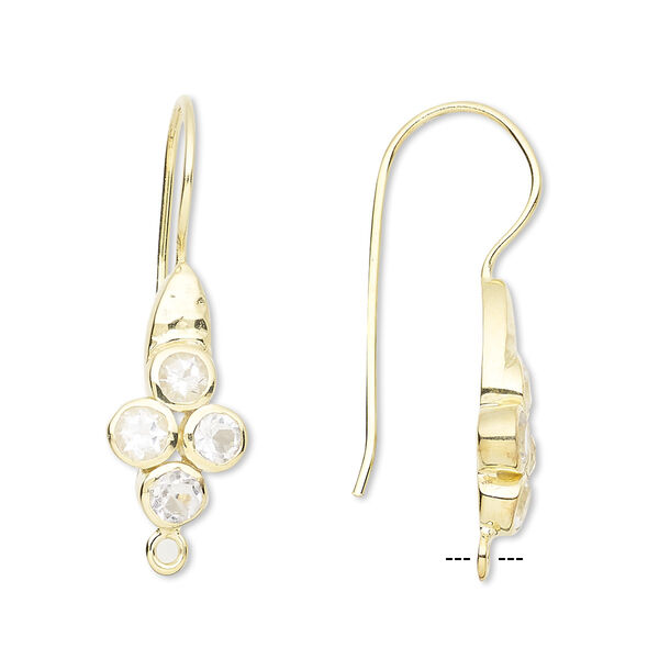 Ear wire, quartz crystal (natural) and gold-finished brass, 30mm fishhook with closed loop, 20 gauge. Sold per pair. image number 0