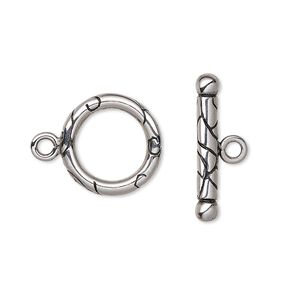 Clasp, toggle, enamel and stainless steel, black, 15mm round with lines. Sold individually.