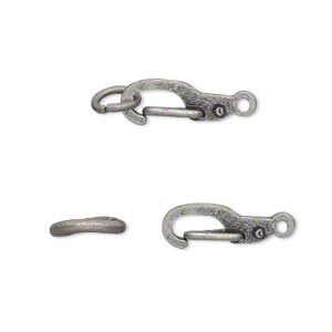 Clasp self-closing hook 1pkg12, 11x5mm hook / 5mm jump ring, antique silver-finished brass 1-strand