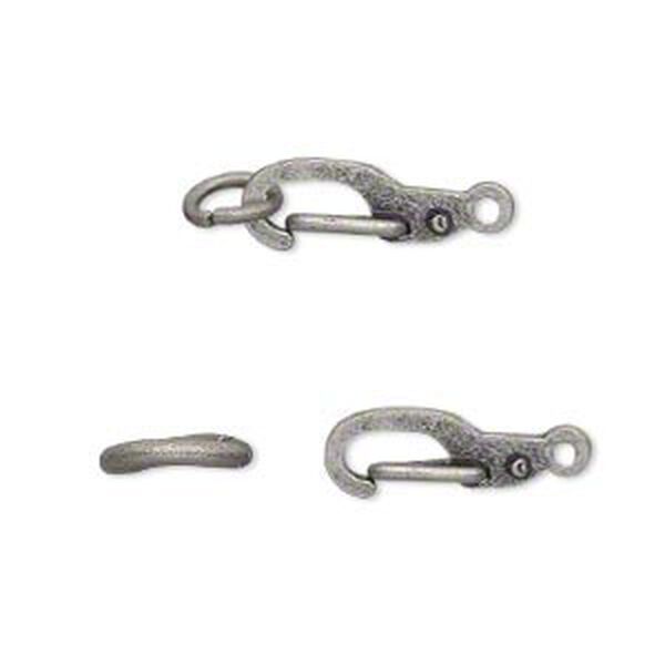 Clasp, self-closing hook, antique silver-finished brass, 11x5mm with 5mm jump ring. Sold per pkg of 12. image number 0