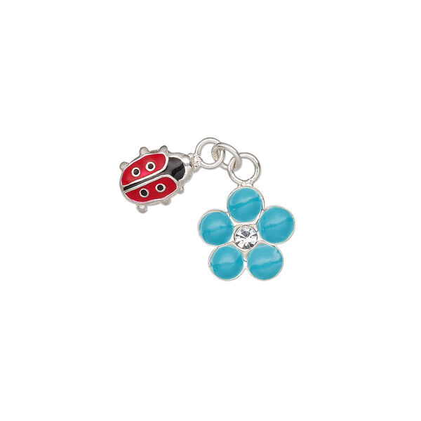 Charm, enamel / glass rhinestone / sterling silver, multicolored, 7x5.5mm single-sided ladybug and 8.5x8.5mm single-sided flower. Sold individually. image number 0