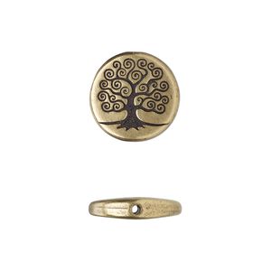 Bead, TierraCast®, "Soulful Spirit" collection, antique brass-plated pewter (tin-based alloy), 15mm flat round with tree of life design. Sold per pkg of 2.