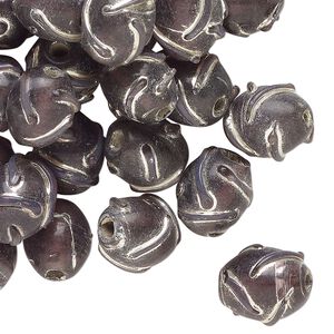 Bead, lampworked glass, translucent dark purple and silver, 11x9mm oval with swirl design. Sold per 2-ounce pkg, approximately 45 beads.