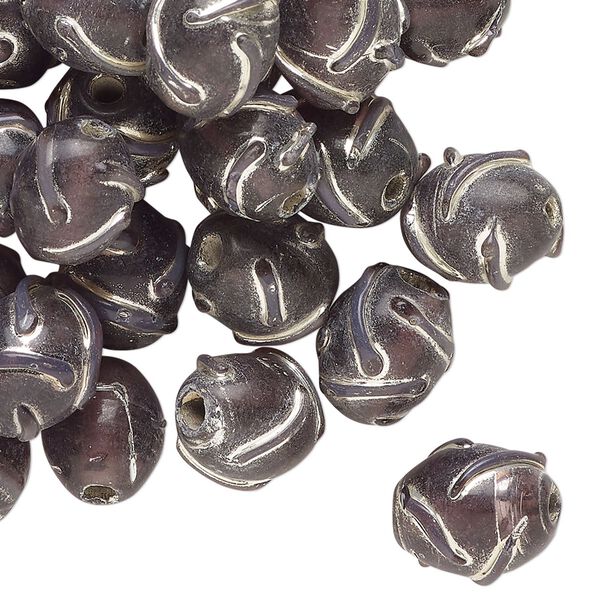 Bead, lampworked glass, translucent dark purple and silver, 11x9mm oval with swirl design. Sold per 2-ounce pkg, approximately 45 beads. image number 0