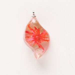 Drop, silver-finished brass and resin, red-orange and clear, 24x14mm-25x15mm curve with flower. Sold individually.
