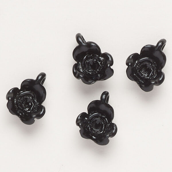 Charm, "pewter" (zinc-based alloy) and enamel, black, 17x13mm flower. Sold per pkg of 4. image number 0