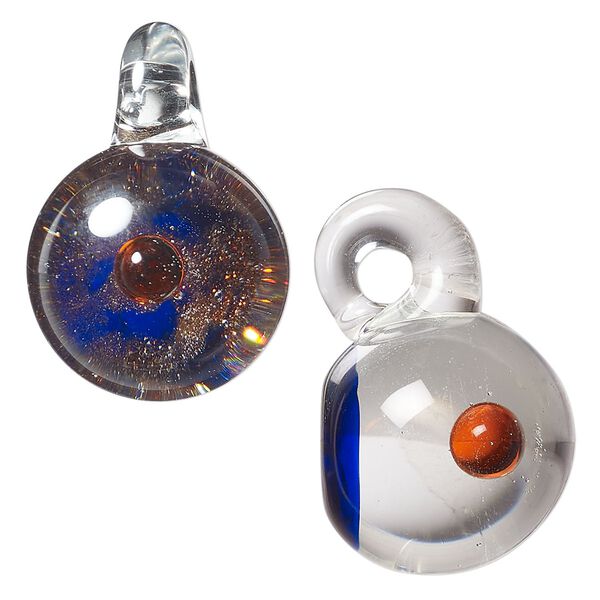 Drop, lampworked glass, clear / blue / red, 21mm round with copper-colored glitter. Sold individually. image number 0