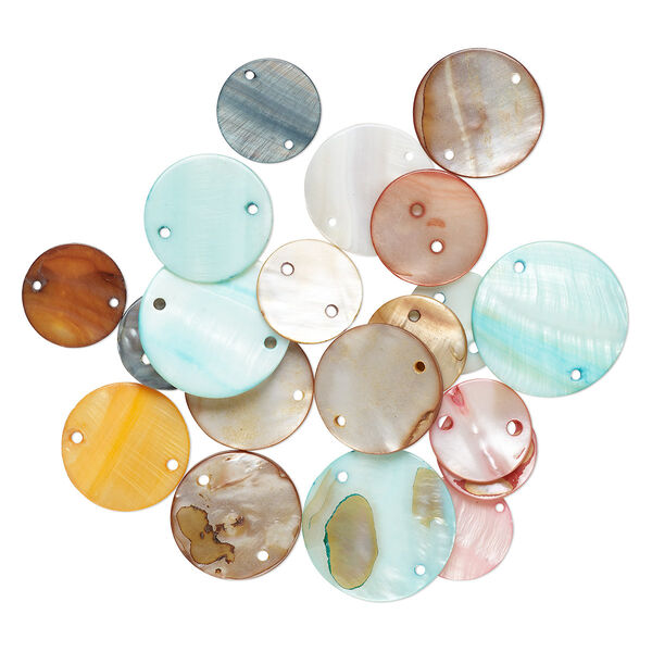 Focal / link / button mix, mother-of-pearl shell (dyed), mixed colors, 20-30mm round, Mohs hardness 3-1/2. Sold per pkg of 20. image number 0