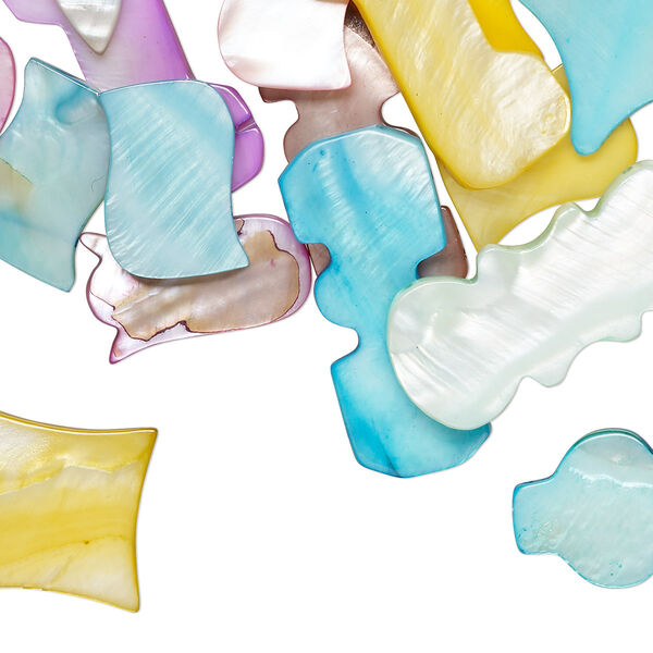 Bead mix, mother-of-pearl shell (dyed), multicolored, 16x12mm-38x25mm mixed shapes with 0.6mm hole, Mohs hardness 3-1/2. Sold per 1/4 pound pkg, approximately 45 beads. image number 0