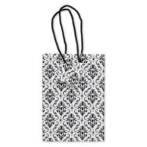 Gift bag, paper and nylon, black and white, 6-3/4 x 4-3/4 inches with damask pattern and handle with tag. Sold per pkg of 10.