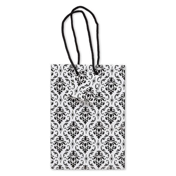 Gift bag, paper and nylon, black and white, 6-3/4 x 4-3/4 inches with damask pattern and handle with tag. Sold per pkg of 10. image number 0