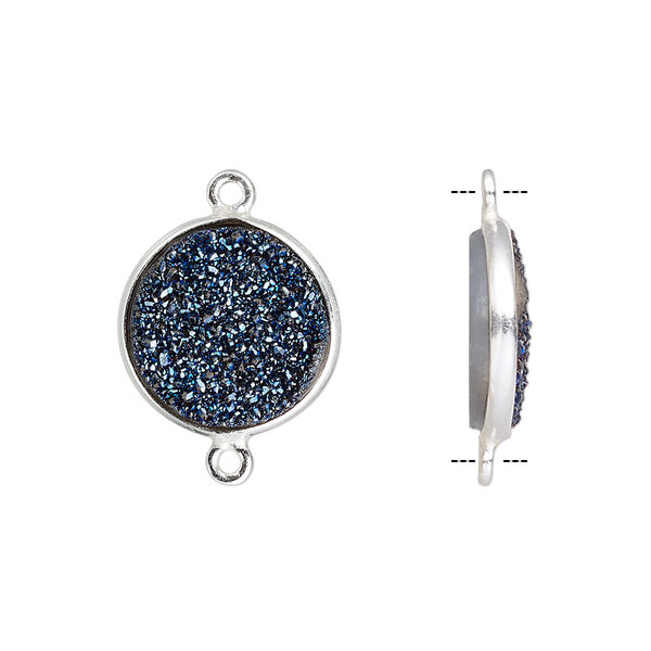 Link, titanium- / electro-coated druzy agate (coated) / sterling silver, cobalt, 15mm hand-cut single-sided flat round. Sold individually. image number 0