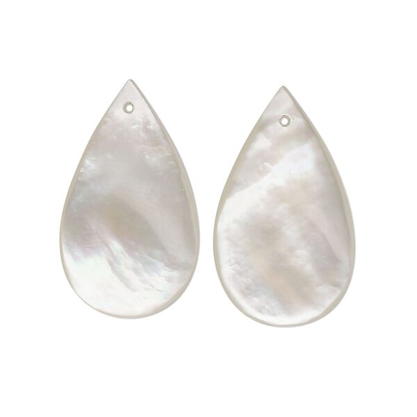 Drop, mother-of-pearl shell (natural), white, 25x15mm teardrop, Mohs hardness 3-1/2. Sold per pkg of 2. image number 0