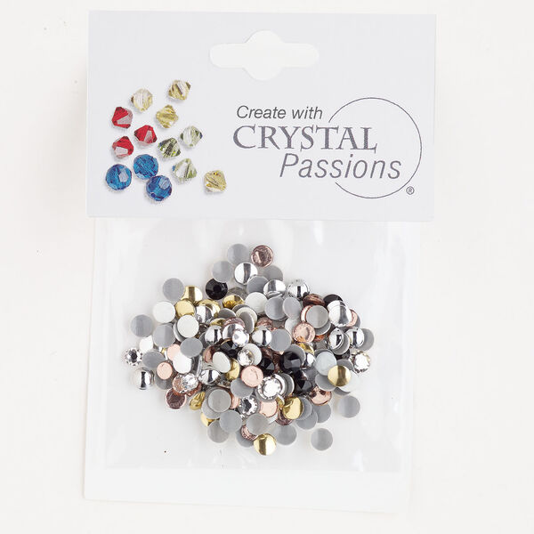 Flat back / rhinestud 1pkg200 mixed colors / mixed platings, Crystal Passions&reg; rhinestone / brass 3-4mm hotfix round / 4mm rose round SS12-SS16 image number 0